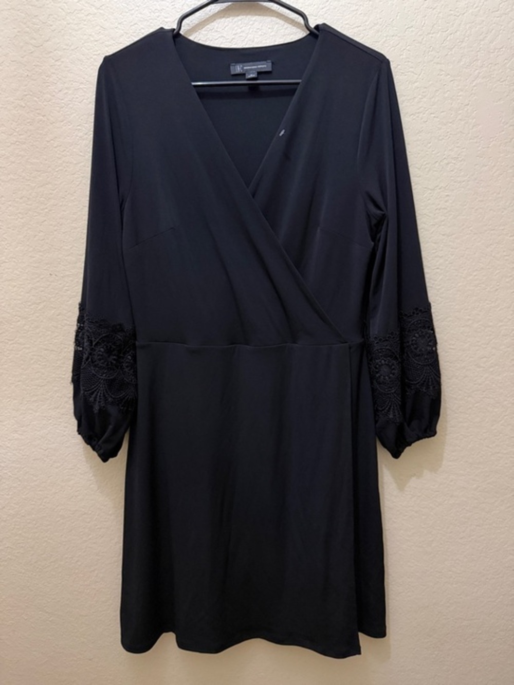 INC International Concepts Black Long-Sleeve Wrap Dress with Lace Trim